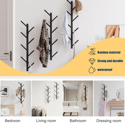Vista 3 de Perchero de pared vertical de bambú para pared, perchero de pared, árbol, perchero, perchero flotante para sombreros, chaquetas, bolsos, entrada