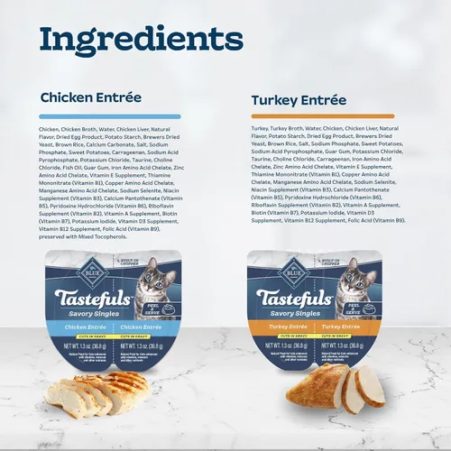 Vista 5 de Blue Buffalo Tastefuls Savory Singles - Paquete variado de comida húmeda para gatos en salsa, bandejas de 2.6 onzas, entreé de pollo y pavo
