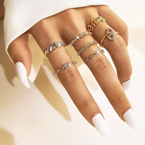 Vista 4 de Anillos apilables de oro para mujeres, adolescentes, niñas, regalos de moda, juego de anillos de nudillos simples de estrella, luna, corazón, boho