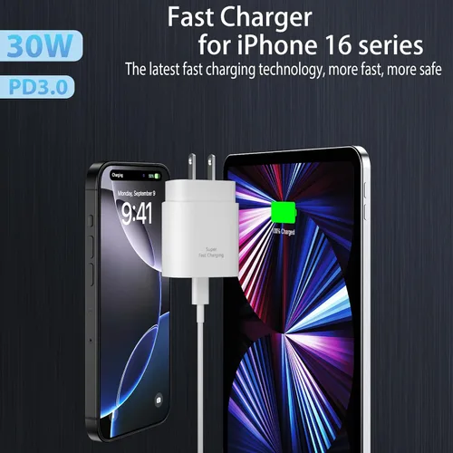 Vista 3 de Cargador para teléfono 17, 16, 15 Pro Max, carga rápida PD de 30 W, cable de carga para iPhone 17 de 6 pies (65 W/3 A), cable largo USB C con iPhone