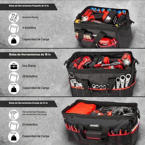 Vista 4 de HAUTMEC Juego de 3 Bolsas de Herramientas Grandes, Bolsas de Herramientas de Boca Ancha de Servicio Pesado con Tela 1680D Resistente a Desgarros