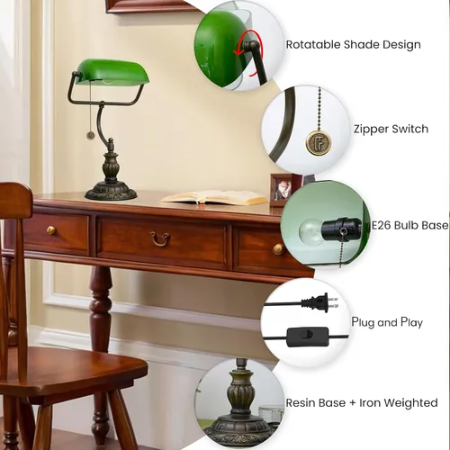 Vista 5 de Green Bankers Desk Lamp W/Pull Chain Switch Tiffany Lamp Stained Glass Shade Desk Light Adjustable Vintage Library Table Lamps for Office Study Room