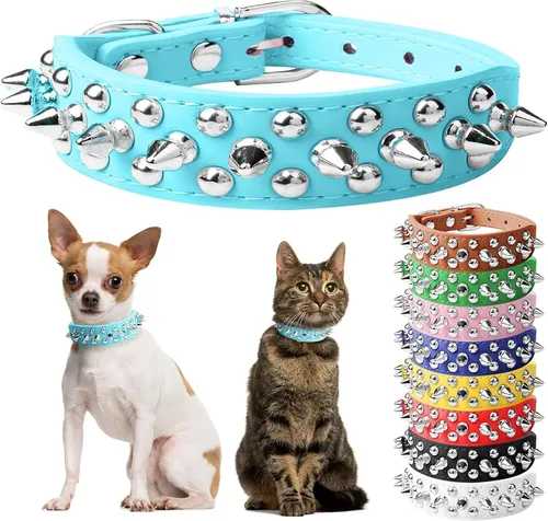 Vista 14 de Collar de perro y gato negro con púas pequeñas para perros pequeños y medianos machos – Collar ajustable con tachuelas – Collar de cuero punk