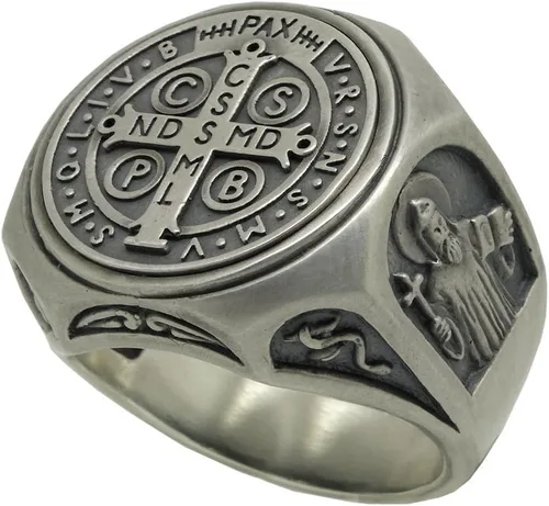 Vista 7 de Anillo de plata de ley 925 de San Benito para hombre, exorcismo católico cristiano, protección demoníaca