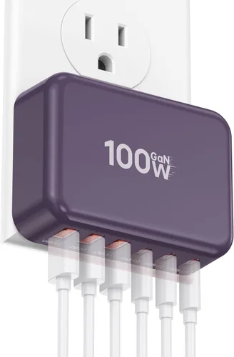 Vista 10 de Bloque de Carga Rápida, Cubo de Estación de Carga GaN de 6 Puertos USB C, Cargador de Pared de 100W de Tipo C de Múltiples Puertos con Enchufe