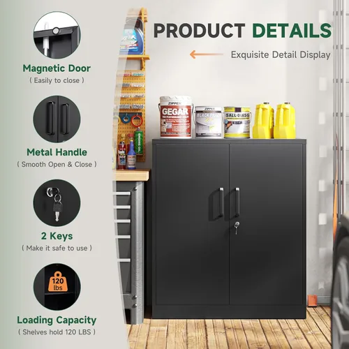 Vista 4 de Letaya Armarios de Almacenamiento de Metal con Cerradura, Pequeños Armarios de Acero con 2 Puertas y Estantes Ajustables para Hogar, Oficina, Negro