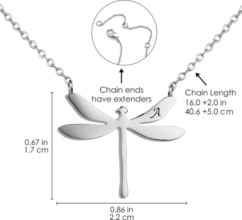 Vista 6 de Collar con inicial de libélula para mujer, bonito collar con colgante de libélula de acero inoxidable, collar con inicial, joyería de libélula