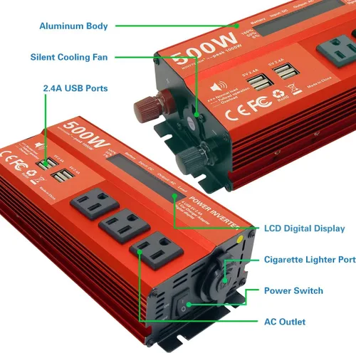 Vista 5 de Inversor de Potencia de 500W Pico 1000W para Vehículos, DC 12V a 110V AC, 4 x 2.4A Puertos USB Adaptador de Enchufe para Carro con Toma con 1 Puerto