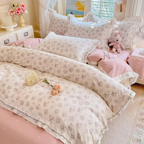 Vista 3 de Funda de edredón de algodón floral tamaño individual con volantes de encaje 100% algodón para adolescentes y niñas, juego de ropa de cama de 3
