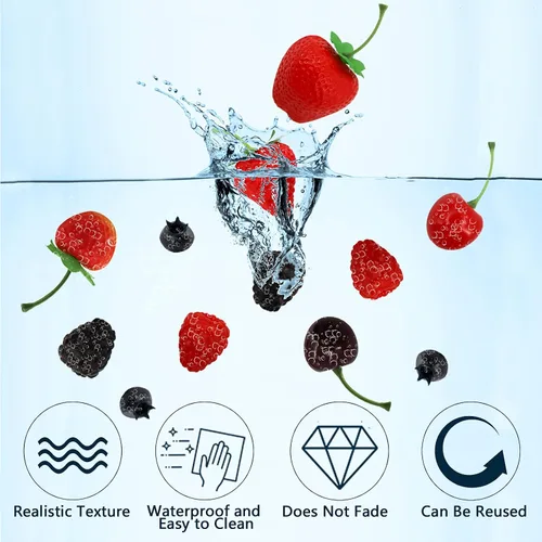 Vista 3 de 52 piezas de frutas artificiales falsas, incluye fresas falsas, arándanos falsos, frambuesas falsas, cerezas falsas, reutilizables, impermeables