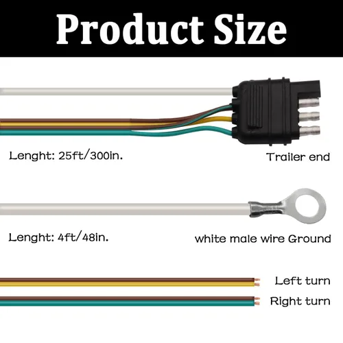 Vista 3 de Kit de extensión de arnés de cableado de luz de remolque de 4 cables planos de 25 pies, arnés de cableado para remolque con cable de tierra blanco