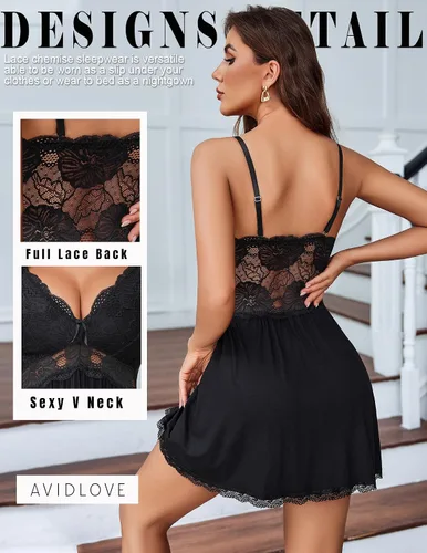 Vista 2 de Avidlove Camisón de noche de encaje modal para mujer, ropa de dormir con cuello en V y lencería sexy