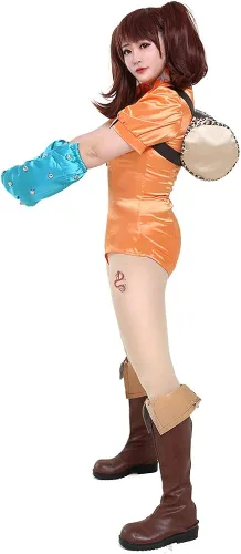 Vista 3 de miccostumes Disfraz de cosplay para mujer, leotardo naranja con protectores de brazos y bolsa