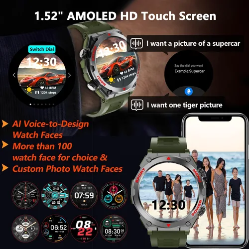Vista 6 de Reloj inteligente militar para hombre con preguntas y respuestas AI (respuesta/hacer llamadas/respuesta SMS), reloj inteligente HD de 1.52 pulgadas