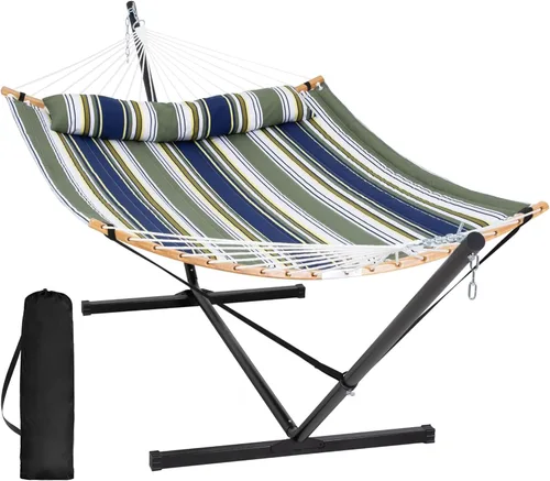 Vista 17 de SUNCREAT Hamaca doble con soporte incluido, hamaca portátil con soporte y almohada grande, rayas azules