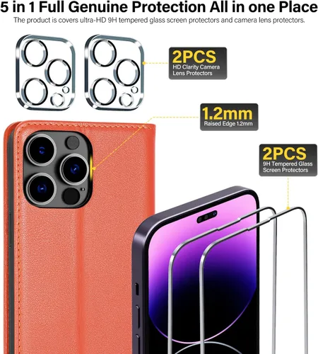 Vista 7 de Utook Funda compatible con iPhone 14 Pro Max, funda magnética de cuero genuino con tapa para teléfono celular con tarjeta de crédito RFID bloqueo a