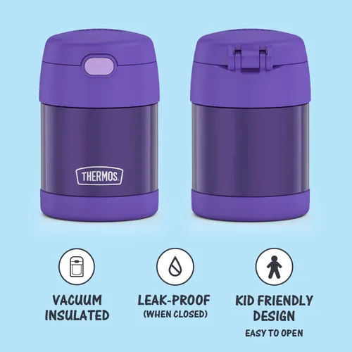 Vista 6 de THERMOS FUNTAINER - Tarro de comida para niños aislado al vacío de acero inoxidable de 10 onzas con cucharas plegables, azul marino y morado