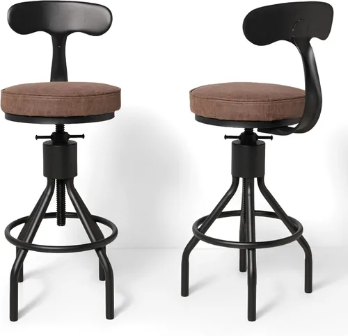 Vista 9 de Juego de 2 taburetes de bar industriales con respaldo de 23 a 33 pulgadas, asiento giratorio de madera, isla de cocina, comedor, taburete