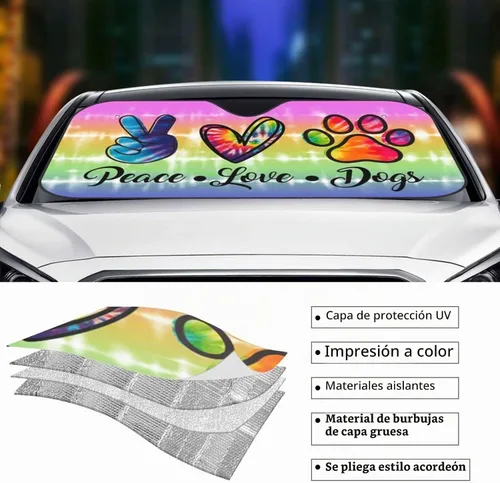 Vista 3 de YETTA YANG - Parasol para parabrisas delantero con diseño de arcoíris, amor, paz, patas de perros, protector plegable para el sol del automóvil
