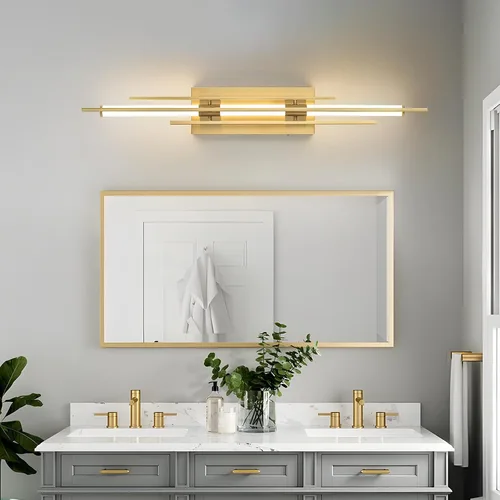 Vista 15 de VitaLink Lámpara de tocador dorada, 24 pulgadas, moderna lámpara de pared de baño sobre espejo de tocador, 2 luces cableadas de vidrio blanco