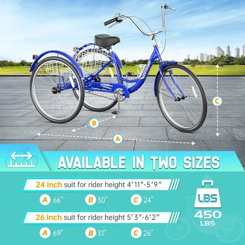 Vista 2 de Outroad - Triciclo Comfort de 24/26 pulgadas, triciclo de crucero de 1 velocidad, bicicletas de 3 ruedas con cesta grande para personas mayores