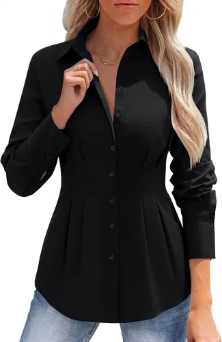 Vista 8 de siliteelon Camisas con botones para mujer, cintura ceñida, camisa de vestir de algodón de manga larga para negocios, casual, trabajo, oficina