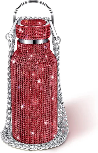 Vista 30 de Geiserailie Botella de agua con diamantes de imitación de acero inoxidable, térmica, recargable, aislada, con cadena, para mujeres y niñas