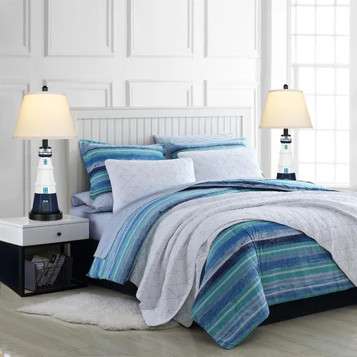 Vista 5 de WIHTU Juego de 2 lámparas de mesa modernas de faro, lámpara de mesa náutica blanca y azul marino, luces de lectura de resina de estilo náutico