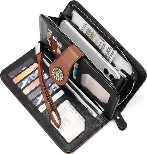 Vista 5 de Telena Billeteras de cuero para mujer con diseño de cartera de triple, para tarjetas de crédito, 4-Negro con Marrón, Vintage