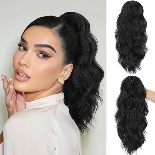 Vista 15 de FREEMEIGE Extensión de Cola de Caballo Negra con Cordón Extensión de Cola de Caballo Larga y Ondulada para Mujeres Extensión de Cabello de Cola de 1b