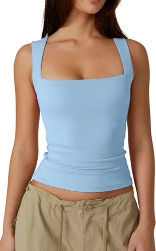 Vista 26 de QINSEN Camisetas básicas ajustadas de doble capa con cuello cuadrado para mujer Castaño