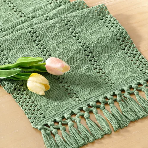 Vista 15 de Socomi Camino de mesa bohemio de verano rústico para comedor, cocina, centro de mesa, decoración pequeña de macramé de algodón y lino, camino