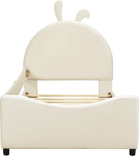 Vista 4 de Elegante sofá cama tapizado de tamaño individual con cabecera en forma de oreja de conejo, para niños pequeños y niñas