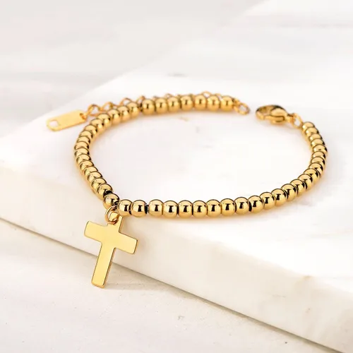 Vista 2 de Pulsera de cuentas de oro de 14 quilates chapada en oro con cruz y cadena de cola ajustable de 2.2in.
