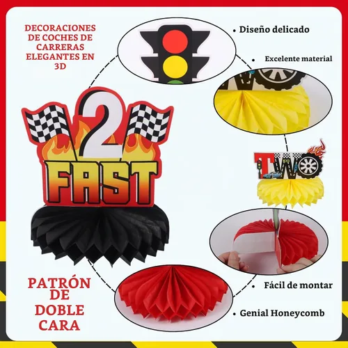 Vista 6 de Race Car - Dos centros de mesa rápidos para niños, decoración de fiesta de Negro Rojo Amarillo B