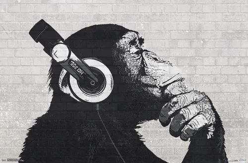 Vista 12 de Trends International Chimp with Headphones on Wall Wall Poster, 14.725" x 22.375", Barnwood Framed Version