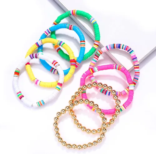 Vista 48 de Surfer Heishi - Pulseras apilables para mujer, apilables, de vinilo arcoíris, disco de arcilla, pulseras elásticas para la amistad, joyería bohemia