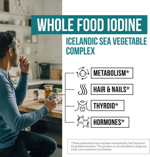 Vista 4 de Suplemento de yodo orgánico – 1,500 mcg de yodo, máxima potencia – de complejo de vegetales marinos, alimento integral y forma cruda – Contiene