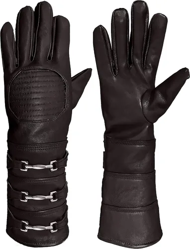 Vista 2 de URBAN BUCK Guante de disfraz de cuero de oveja real, guantelete de cielo, ajuste regular, puño largo para hombre, sin forro, guantes de cosplay