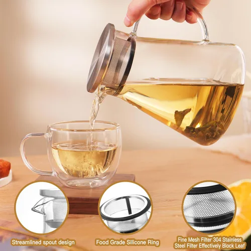 Vista 3 de CNGLASS Tetera de vidrio de 30.5 oz/900 ml segura para estufa, tetera de un toque transparente, tetera para té floreciente y de hojas sueltas
