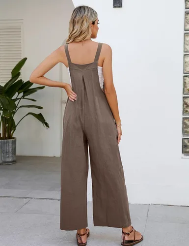 Vista 4 de Flygo Overol con pechera de algodón para mujer, ajuste holgado, pierna ancha, overol casual con bolsillos