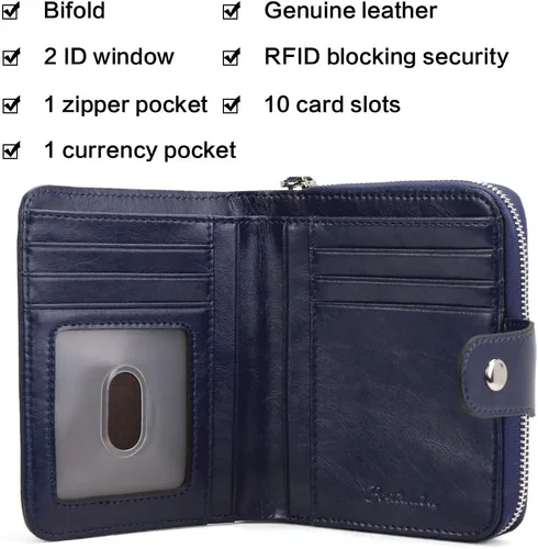 Vista 3 de BOSTANTEN - Billeteras de piel para mujer, con bloqueo RFID, con cremallera y bolsillo, billetera pequeña de dos cuerpos, con tarjetero