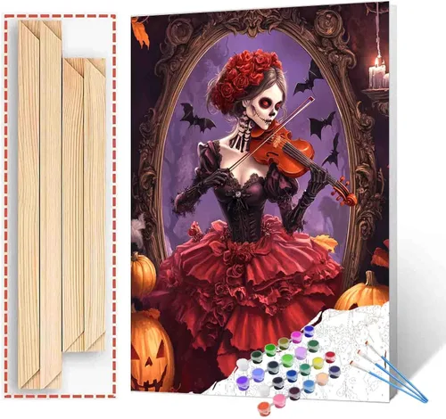 Vista 37 de Tucocoo Decoración del Día de los Muertos, pintura por números, esqueleto para parejas, pintura por números sobre lienzo con pinceles y pigmento