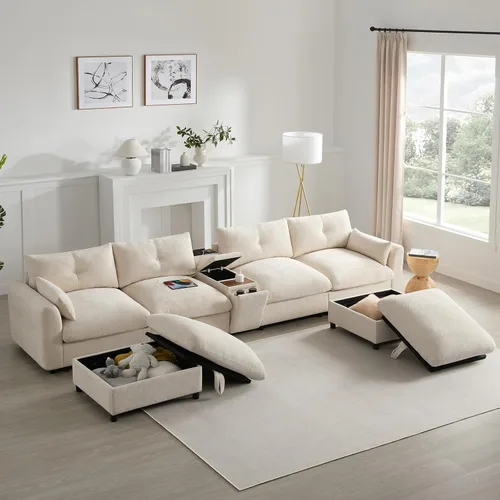 Vista 39 de Sofá modular de 103 pulgadas con 2 consolas acrílicas, juego de sofá en forma de U de gran tamaño con cargador USB, cajones de almacenamiento, Beige