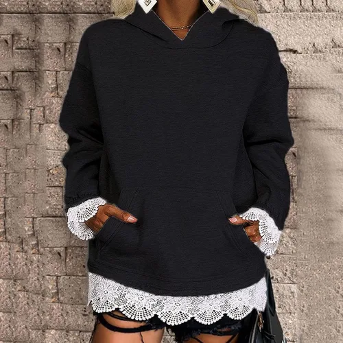 Vista 2 de wjiNFDFG Solid Hoodie Women's CasualSsolid Color Lace Edge Hooded Sweater Women's Sweater Pullover