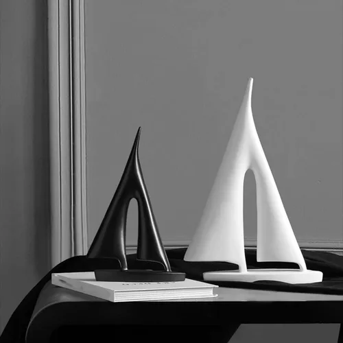 Vista 3 de Estatuilla de velero de resina blanca y negra para decoración del hogar, moderna y simple, estatua de barco, regalo, escultura decorativa de barco
