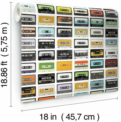 Vista 8 de RoomMates Papel tapiz de casetes retro de colores para despegar y pegar, 18 pulgadas x 18.9 pies, rojo, extraíble reposicionable, sin residuos