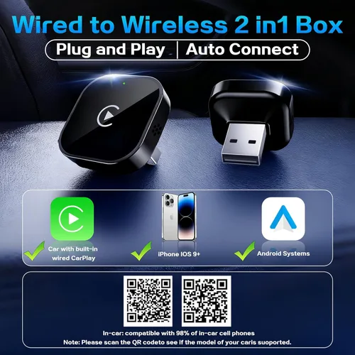 Vista 2 de Mini Adaptador Inalámbrico CarPlay para iPhone, 2 en 1 para Apple CarPlay y Adaptador Android Auto, Convierte de Cableado a Inalámbrico, Plug & Negro