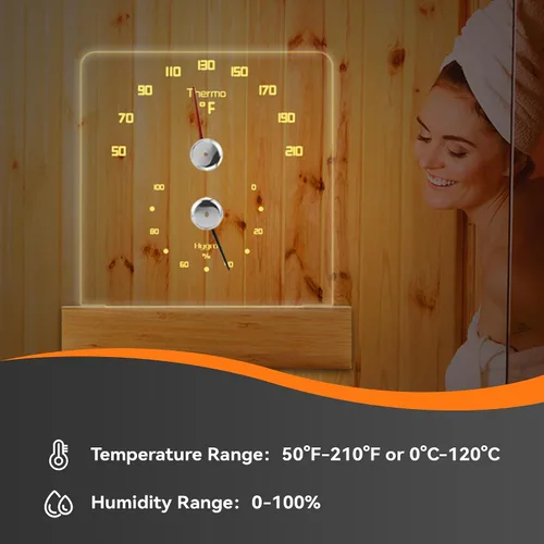 Vista 3 de Yofidra Termómetro de sauna 2 en 1 Fahrenheit Termómetro higrómetro con luz LED Accesorios de sauna para sala de sauna Hotel
