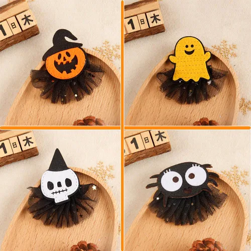 Vista 2 de Paquete de 4 horquillas para el cabello de Halloween, calabaza, fantasma, araña, calavera, pinzas para el cabello para niños y niñas, accesorios